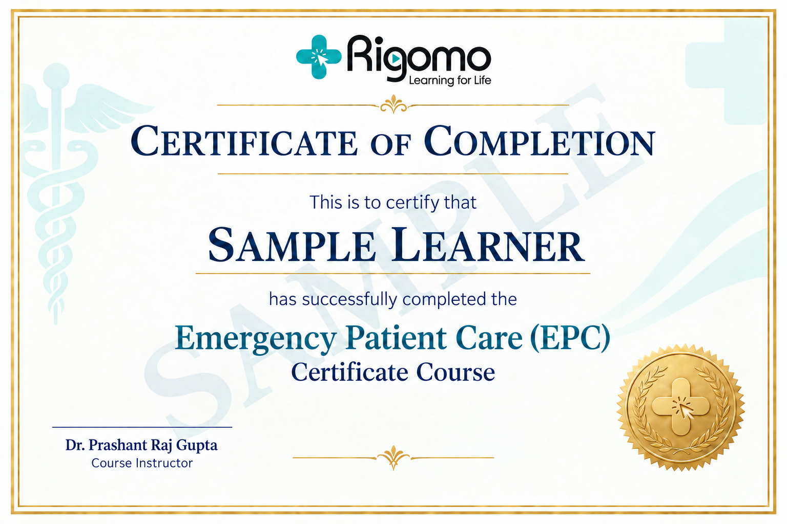 Sample Rigomo Emergency Patient Care certificate of completion